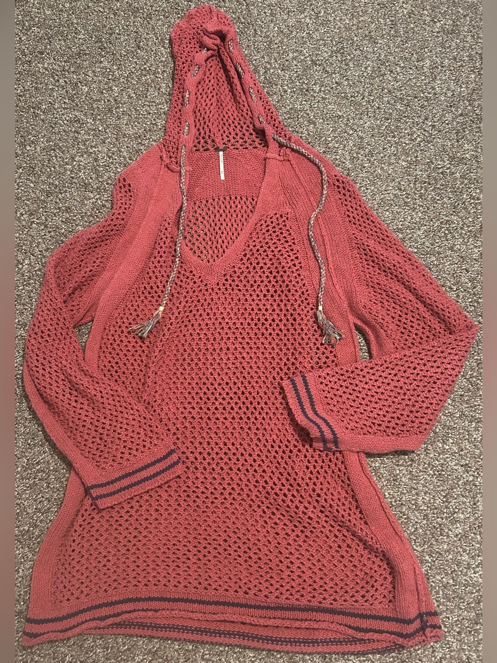 FREE PEOPLE M Knit Hooded Pullover Tunic Sweater - Rust multicolor drawstrings